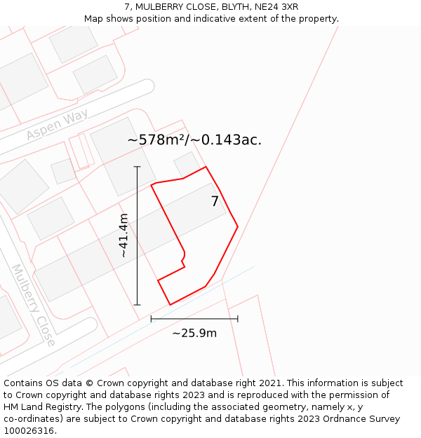 7, MULBERRY CLOSE, BLYTH, NE24 3XR: Plot and title map