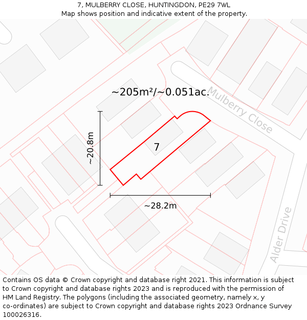 7, MULBERRY CLOSE, HUNTINGDON, PE29 7WL: Plot and title map