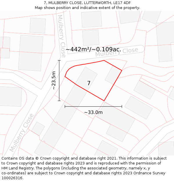 7, MULBERRY CLOSE, LUTTERWORTH, LE17 4DF: Plot and title map