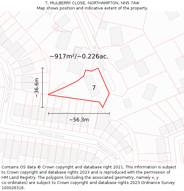 7, MULBERRY CLOSE, NORTHAMPTON, NN5 7AW: Plot and title map