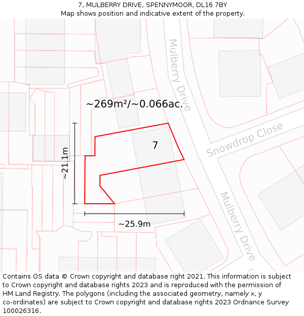 7, MULBERRY DRIVE, SPENNYMOOR, DL16 7BY: Plot and title map