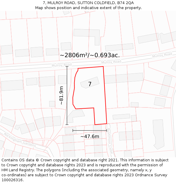 7, MULROY ROAD, SUTTON COLDFIELD, B74 2QA: Plot and title map