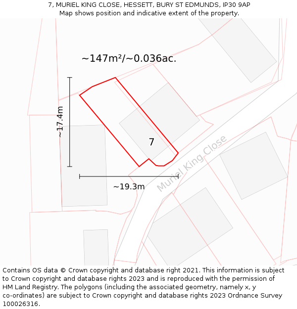 7, MURIEL KING CLOSE, HESSETT, BURY ST EDMUNDS, IP30 9AP: Plot and title map