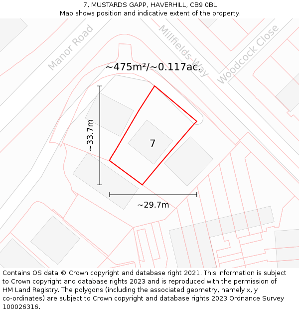 7, MUSTARDS GAPP, HAVERHILL, CB9 0BL: Plot and title map
