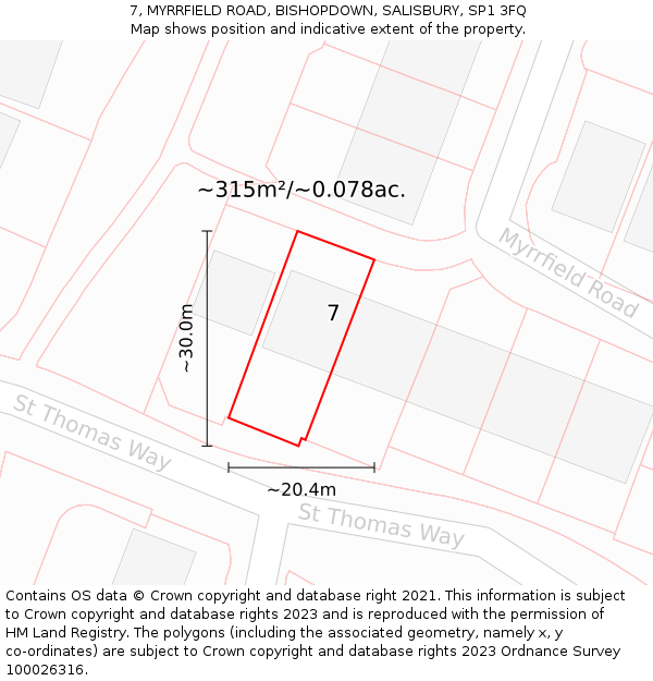 7, MYRRFIELD ROAD, BISHOPDOWN, SALISBURY, SP1 3FQ: Plot and title map