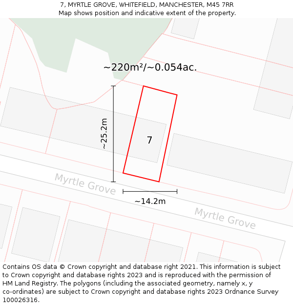 7, MYRTLE GROVE, WHITEFIELD, MANCHESTER, M45 7RR: Plot and title map