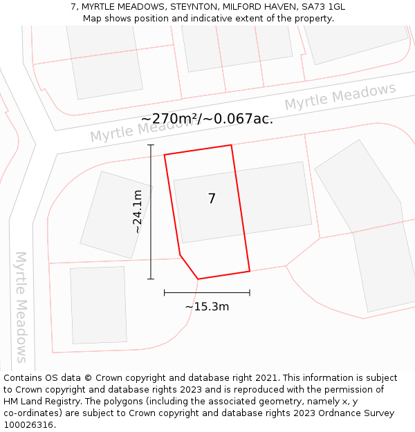 7, MYRTLE MEADOWS, STEYNTON, MILFORD HAVEN, SA73 1GL: Plot and title map