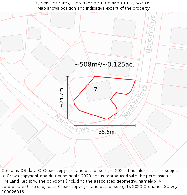 7, NANT YR YNYS, LLANPUMSAINT, CARMARTHEN, SA33 6LJ: Plot and title map