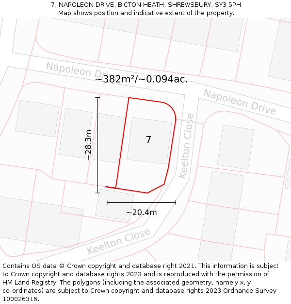 7, NAPOLEON DRIVE, BICTON HEATH, SHREWSBURY, SY3 5PH: Plot and title map