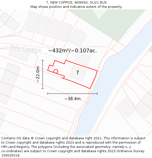 7, NEW COPPICE, WOKING, GU21 8US: Plot and title map