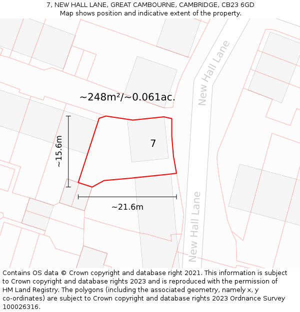 7, NEW HALL LANE, GREAT CAMBOURNE, CAMBRIDGE, CB23 6GD: Plot and title map