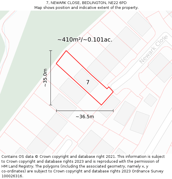 7, NEWARK CLOSE, BEDLINGTON, NE22 6PD: Plot and title map