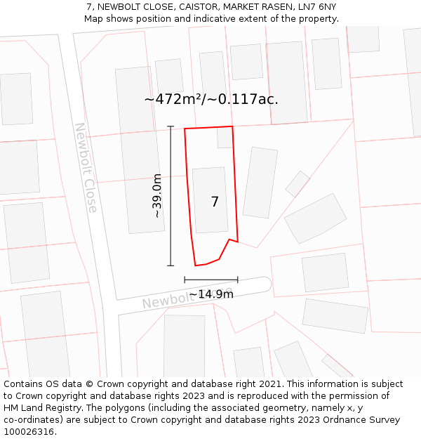 7, NEWBOLT CLOSE, CAISTOR, MARKET RASEN, LN7 6NY: Plot and title map