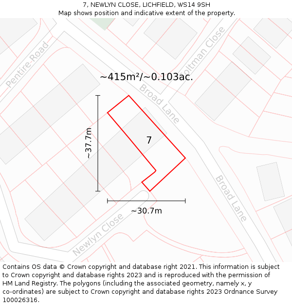 7, NEWLYN CLOSE, LICHFIELD, WS14 9SH: Plot and title map