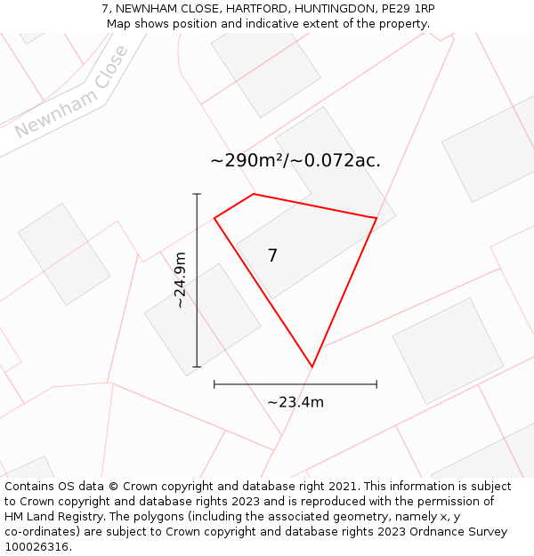 7, NEWNHAM CLOSE, HARTFORD, HUNTINGDON, PE29 1RP: Plot and title map
