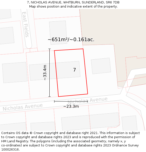 7, NICHOLAS AVENUE, WHITBURN, SUNDERLAND, SR6 7DB: Plot and title map