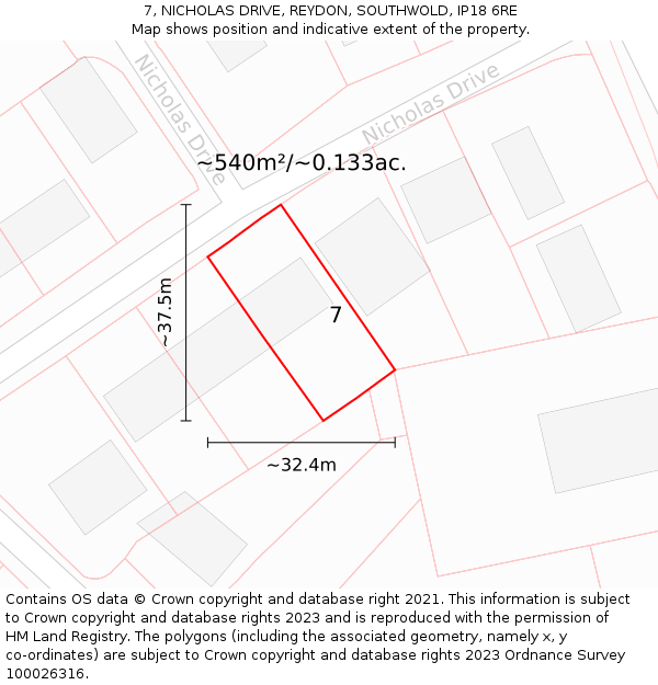 7, NICHOLAS DRIVE, REYDON, SOUTHWOLD, IP18 6RE: Plot and title map