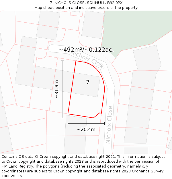 7, NICHOLS CLOSE, SOLIHULL, B92 0PX: Plot and title map