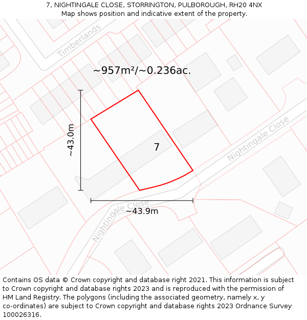 7, NIGHTINGALE CLOSE, STORRINGTON, PULBOROUGH, RH20 4NX: Plot and title map