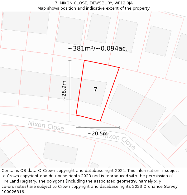 7, NIXON CLOSE, DEWSBURY, WF12 0JA: Plot and title map
