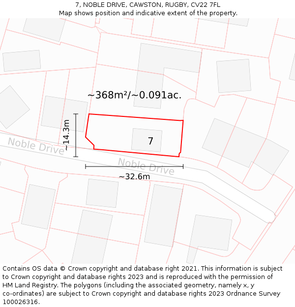 7, NOBLE DRIVE, CAWSTON, RUGBY, CV22 7FL: Plot and title map
