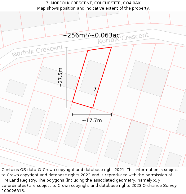 7, NORFOLK CRESCENT, COLCHESTER, CO4 0AX: Plot and title map