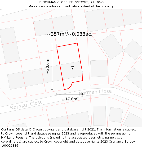 7, NORMAN CLOSE, FELIXSTOWE, IP11 9NQ: Plot and title map