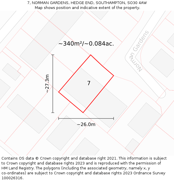 7, NORMAN GARDENS, HEDGE END, SOUTHAMPTON, SO30 4AW: Plot and title map