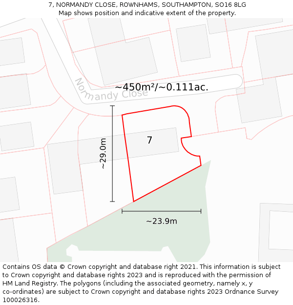 7, NORMANDY CLOSE, ROWNHAMS, SOUTHAMPTON, SO16 8LG: Plot and title map