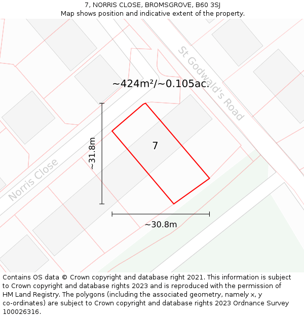 7, NORRIS CLOSE, BROMSGROVE, B60 3SJ: Plot and title map