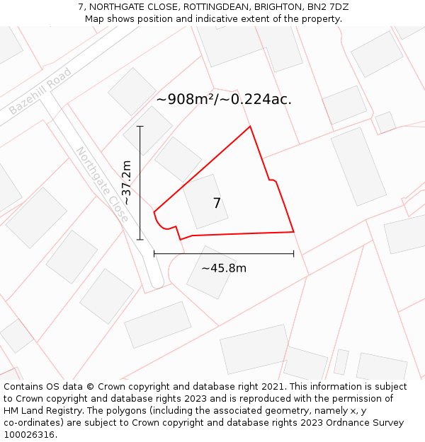 7, NORTHGATE CLOSE, ROTTINGDEAN, BRIGHTON, BN2 7DZ: Plot and title map