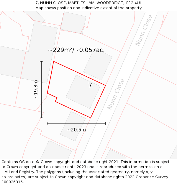 7, NUNN CLOSE, MARTLESHAM, WOODBRIDGE, IP12 4UL: Plot and title map