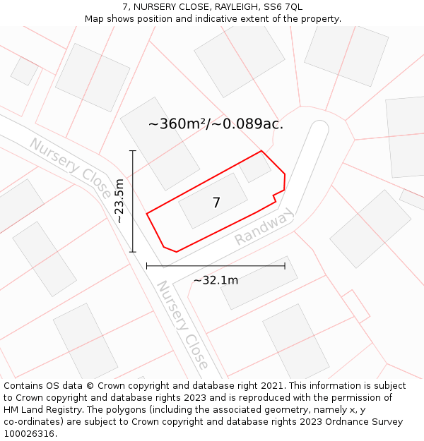 7, NURSERY CLOSE, RAYLEIGH, SS6 7QL: Plot and title map