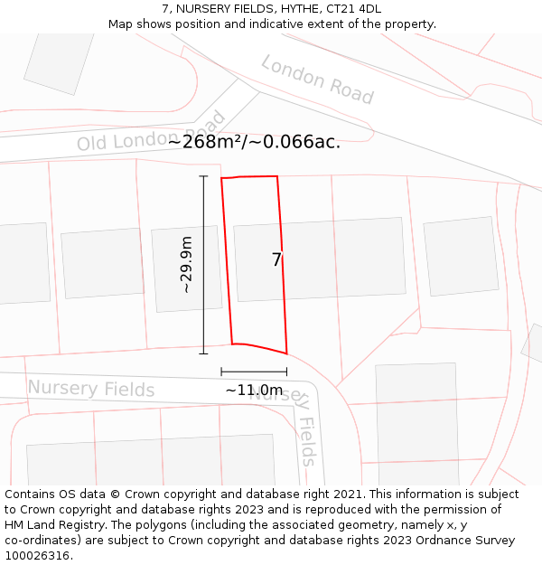 7, NURSERY FIELDS, HYTHE, CT21 4DL: Plot and title map