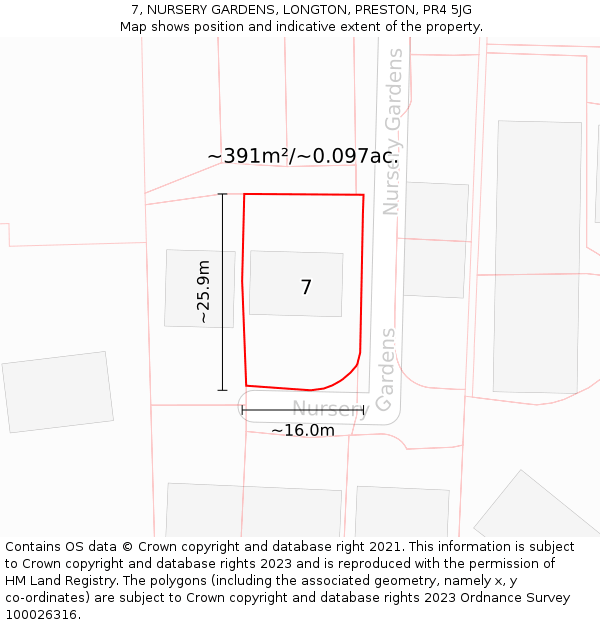7, NURSERY GARDENS, LONGTON, PRESTON, PR4 5JG: Plot and title map