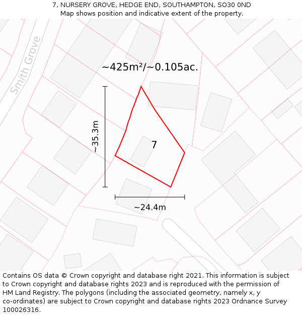 7, NURSERY GROVE, HEDGE END, SOUTHAMPTON, SO30 0ND: Plot and title map