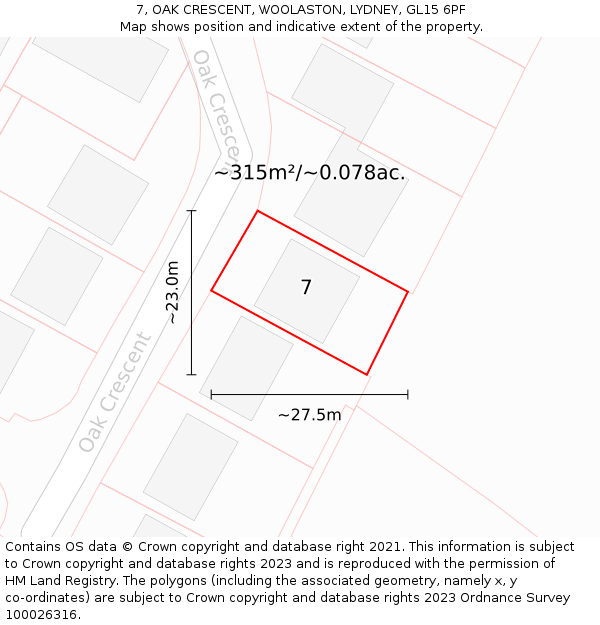 7, OAK CRESCENT, WOOLASTON, LYDNEY, GL15 6PF: Plot and title map