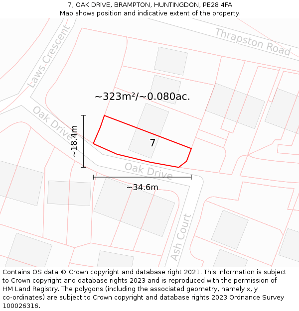 7, OAK DRIVE, BRAMPTON, HUNTINGDON, PE28 4FA: Plot and title map