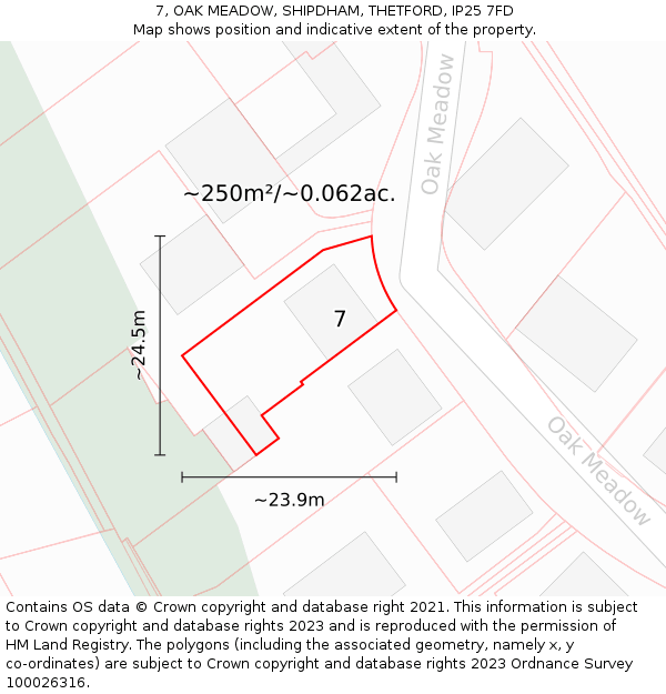 7, OAK MEADOW, SHIPDHAM, THETFORD, IP25 7FD: Plot and title map