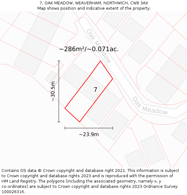 7, OAK MEADOW, WEAVERHAM, NORTHWICH, CW8 3AX: Plot and title map