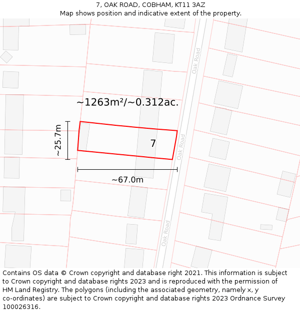 7, OAK ROAD, COBHAM, KT11 3AZ: Plot and title map