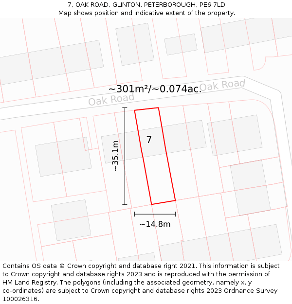 7, OAK ROAD, GLINTON, PETERBOROUGH, PE6 7LD: Plot and title map