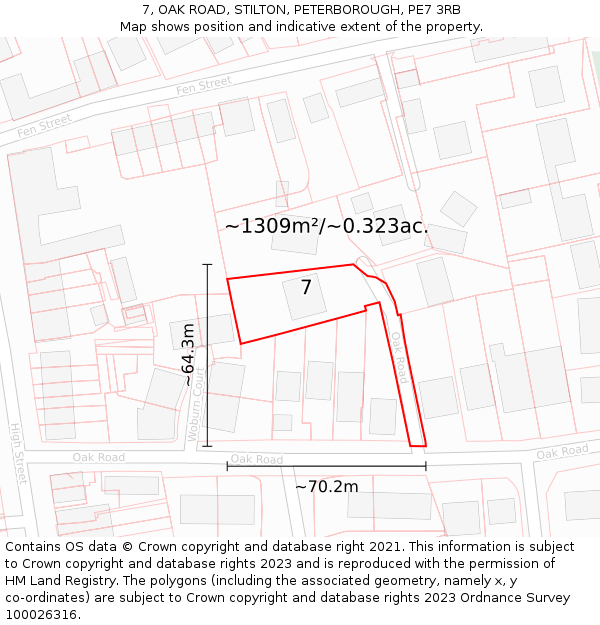7, OAK ROAD, STILTON, PETERBOROUGH, PE7 3RB: Plot and title map