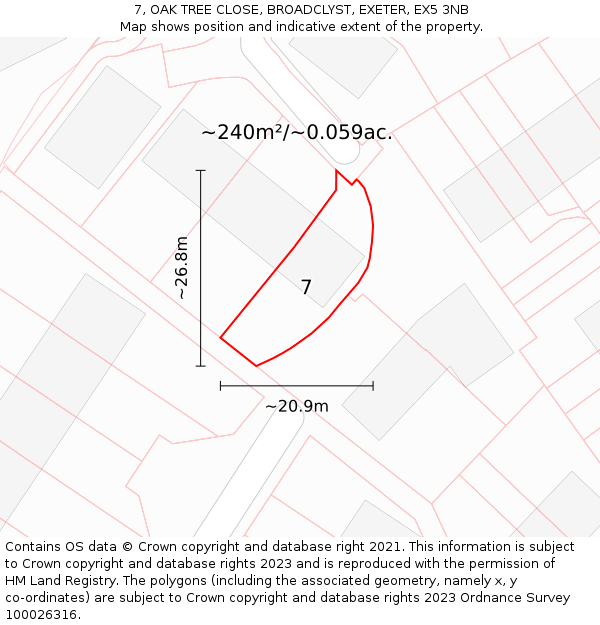 7, OAK TREE CLOSE, BROADCLYST, EXETER, EX5 3NB: Plot and title map