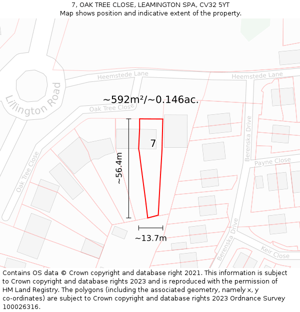 7, OAK TREE CLOSE, LEAMINGTON SPA, CV32 5YT: Plot and title map