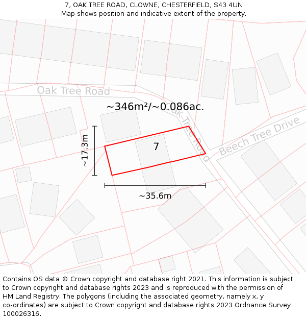 7, OAK TREE ROAD, CLOWNE, CHESTERFIELD, S43 4UN: Plot and title map