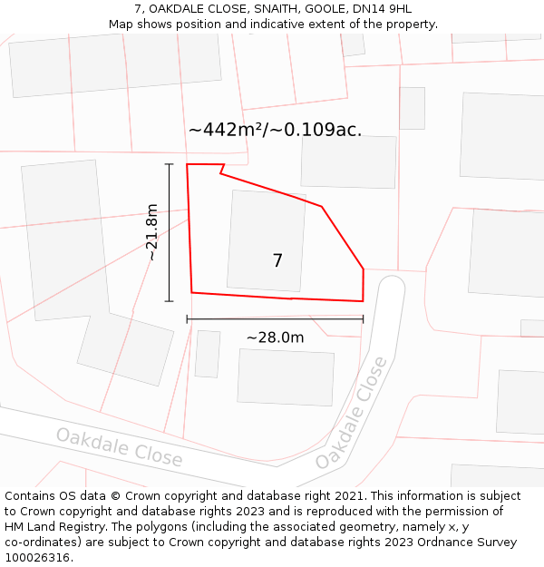 7, OAKDALE CLOSE, SNAITH, GOOLE, DN14 9HL: Plot and title map