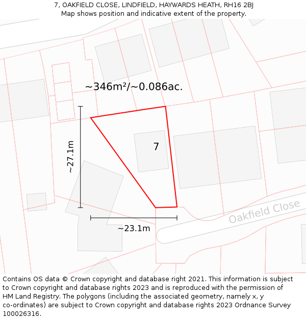 7, OAKFIELD CLOSE, LINDFIELD, HAYWARDS HEATH, RH16 2BJ: Plot and title map