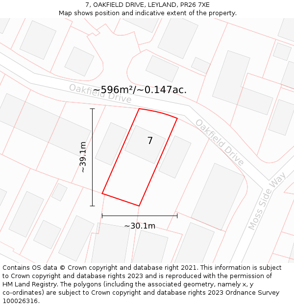7, OAKFIELD DRIVE, LEYLAND, PR26 7XE: Plot and title map