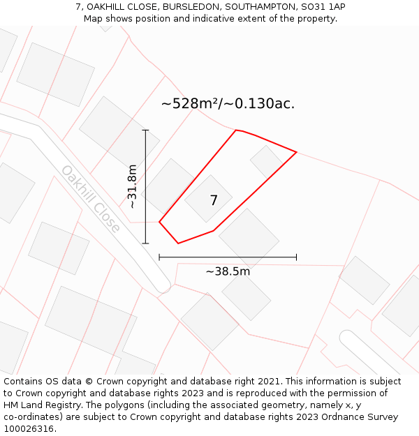 7, OAKHILL CLOSE, BURSLEDON, SOUTHAMPTON, SO31 1AP: Plot and title map